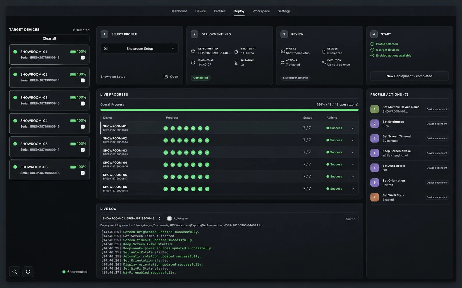 APS profile editor with configured profile actions