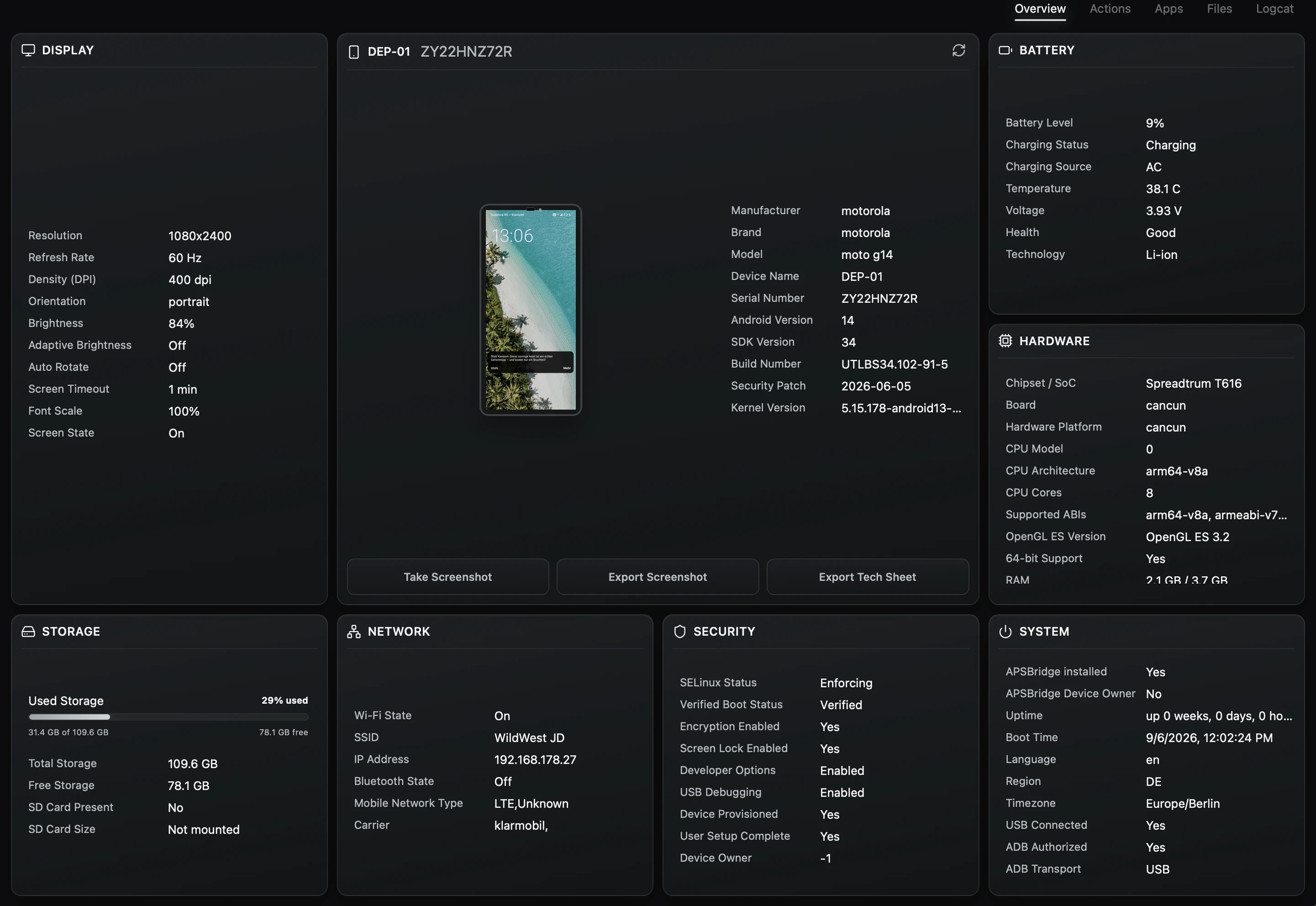 APS profile editor with configured profile actions