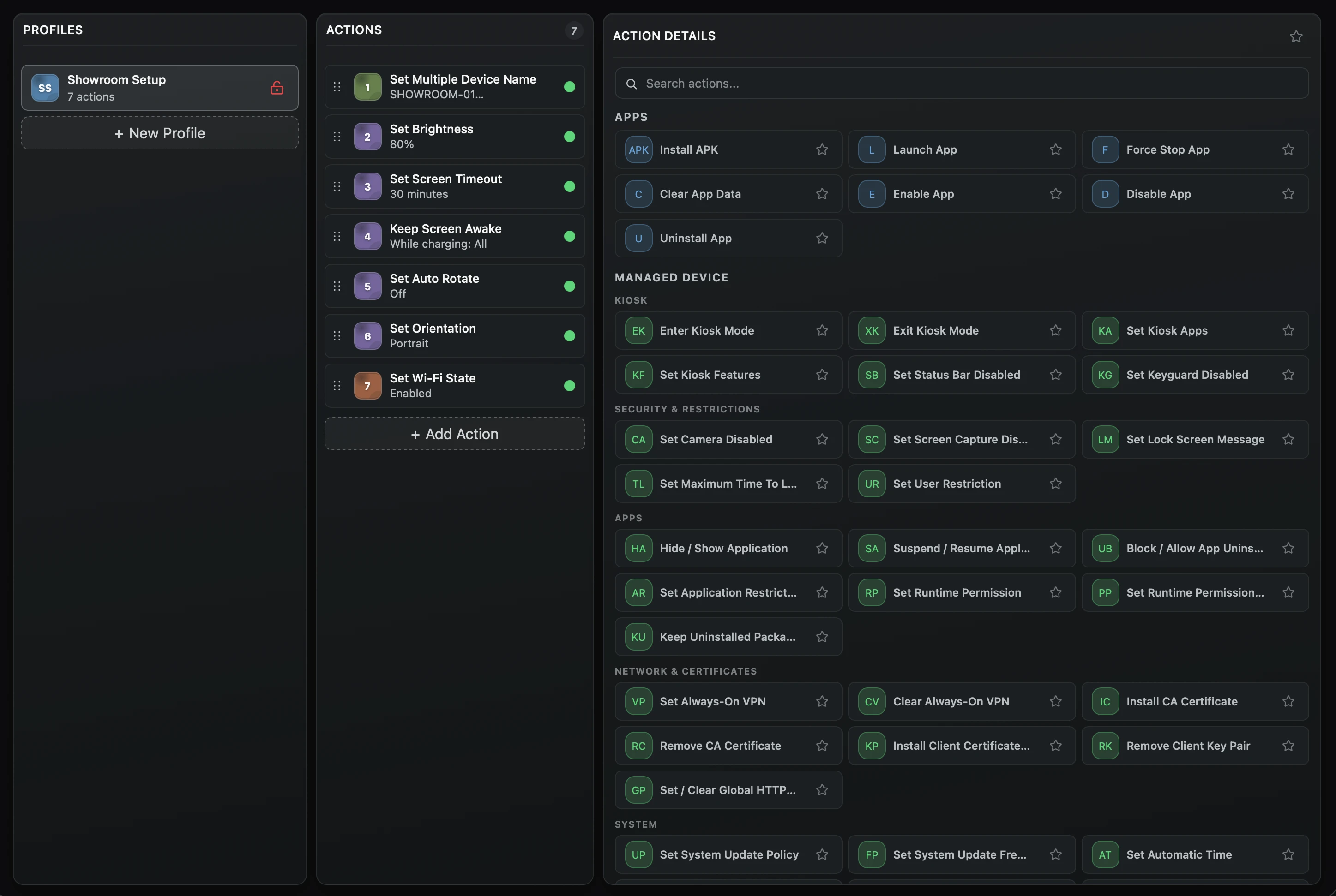 APS profile editor with configured profile actions