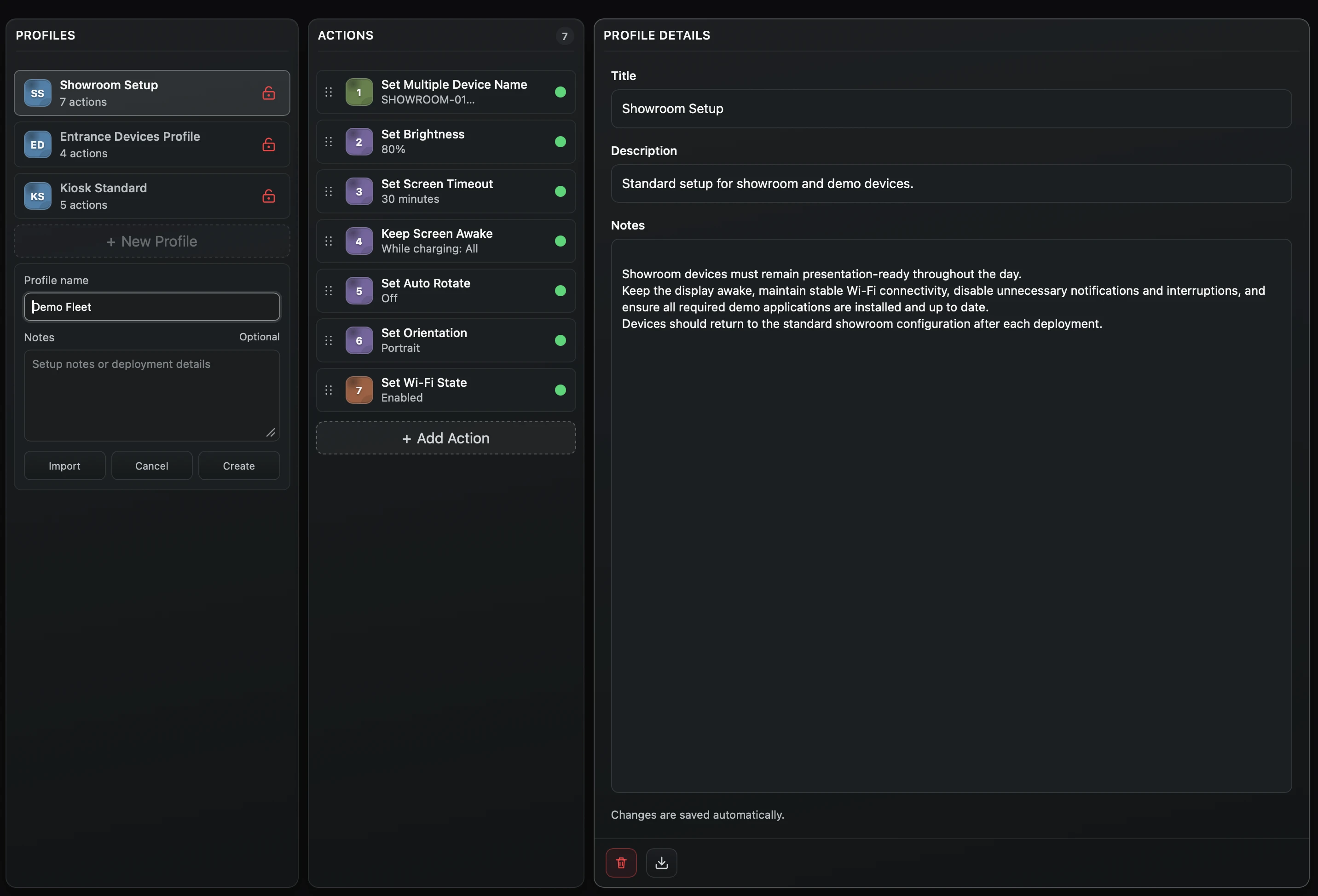 APS Device Workspace profiles view